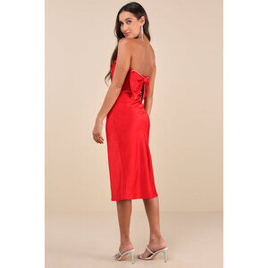 Lulus Luxe Crush Red Satin Rhinestone Bow Strapless Midi Dress - Size M